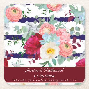 Personaliseer Navy White Stripe Style Mixed Bouque Vierkante Kartonnen Onderzetter