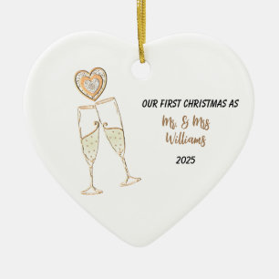 Personaliseer onze eerste kerst hart & champagne keramisch ornament