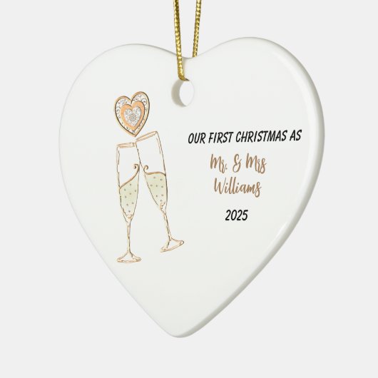Personaliseer onze eerste kerst hart & champagne keramisch ornament (Links)