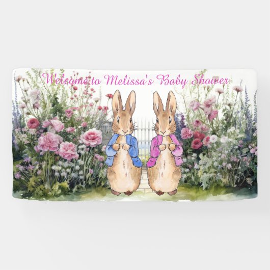 Personaliseer Peter en Flopsy Baby shower Spandoek (Horizontaal)