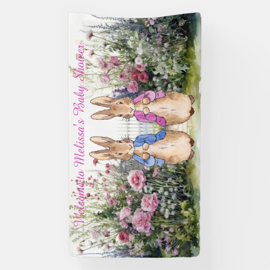 Personaliseer Peter en Flopsy Baby shower Spandoek (Verticaal)