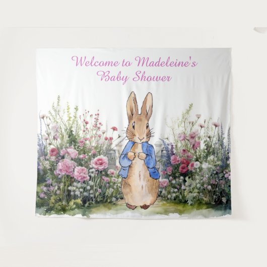 Personaliseer Peter het konijn in tuin baby shower Wandkleed (Voorkant (horizontaal))