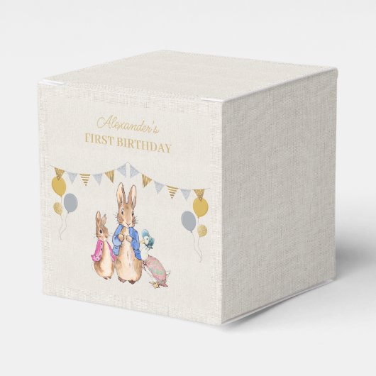 Personaliseer Peter konijn beige linnen 1e verjaar Bedankdoosjes (Voorkant Zijde)