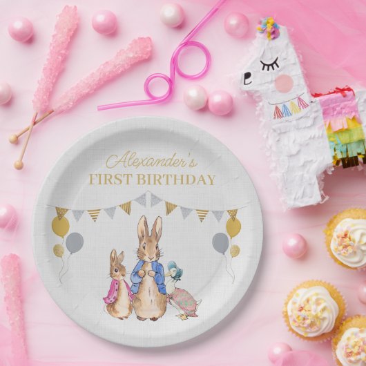 Personaliseer Peter konijn grijs linnen 1e verjaar Papieren Bordje (Feest)
