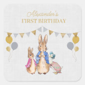 Personaliseer Peter konijn grijs linnen 1e verjaar Vierkante Sticker (Voorkant)