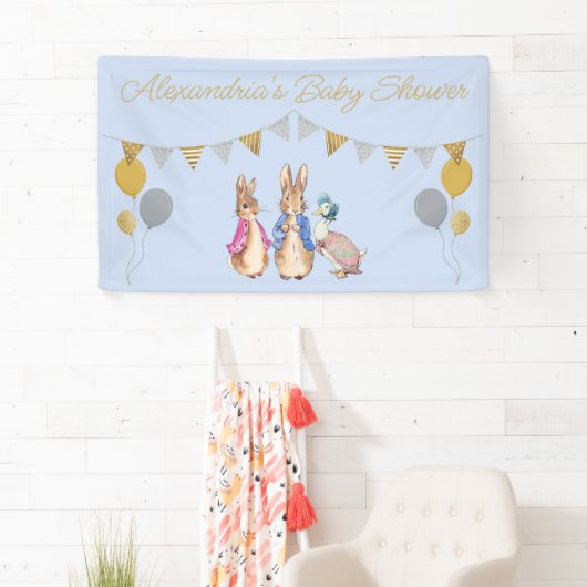 Personaliseer Peter rabbit Baby shower Tuinbord Spandoek (Insitu)