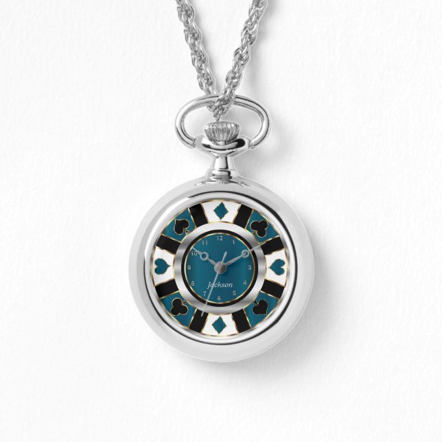Personaliseer Poker Player Game in Blauwgroen en Z Horloge (Voorkant)