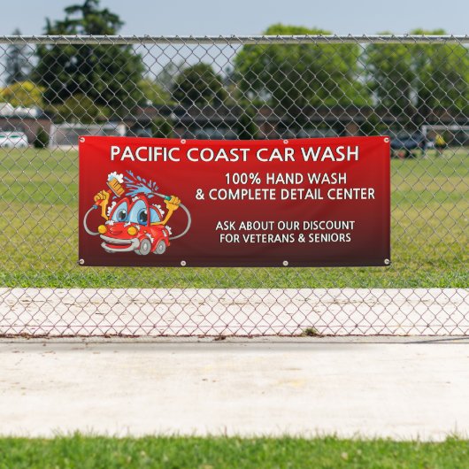 Personaliseer Red Car Wash Comical Toon Business Spandoek (Insitu)
