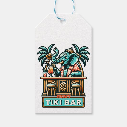 Personaliseer Retro Elephant Tiki Bar Cadeaulabel (Voorkant)