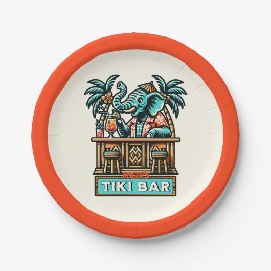 Personaliseer Retro Elephant Tiki Bar Papieren Bordje (Voorkant)
