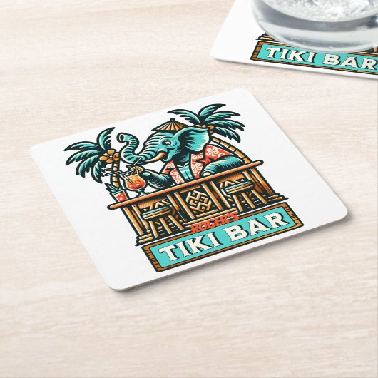 Personaliseer Retro Elephant Tiki Bar Vierkante Kartonnen Onderzetter (Schuin)