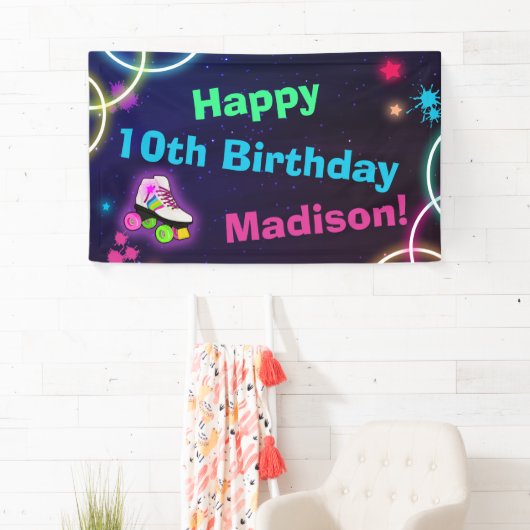 Personaliseer Roller Skating Neon Birthday Spandoek (Insitu)