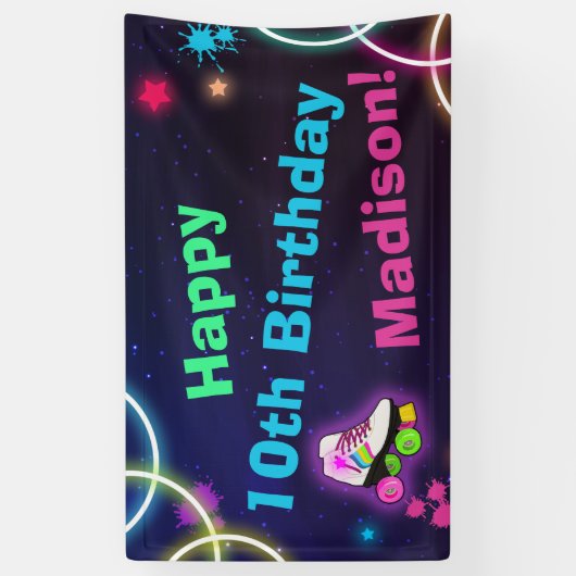 Personaliseer Roller Skating Neon Birthday Spandoek (Verticaal)