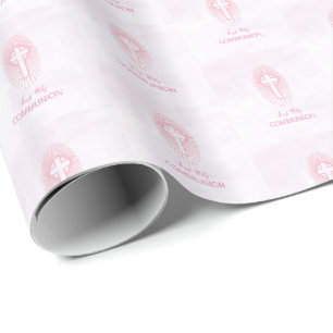 Personaliseer, Roze Eerste Heilige Communie Kruis  Cadeaupapier