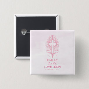 Personaliseer, Roze Eerste Heilige Communie Kruis Vierkante Button 5,1 Cm