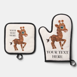 Personaliseer Schattigee Baby Giraffe tekst & foto Ovenwant & Pannenlap Set