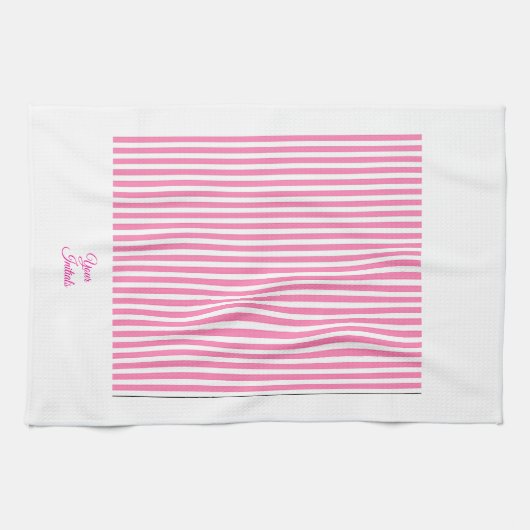 Personaliseer Trouwcadeau Roze Gestreept Wit Theedoek (Horizontaal)