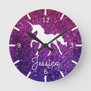 Personaliseer uw eigen Paarse gespeckeerde Unicorn Ronde Klok