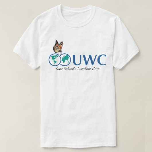 Personaliseer UWC-vlinder voor- en achterzijde T-shirt (Design voorkant)