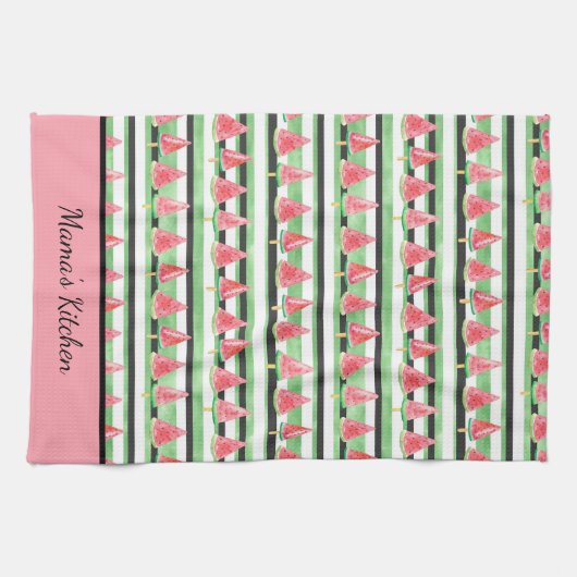 Personaliseer Watermeloen Roze Groen Wit Zwart Theedoek (Horizontaal)