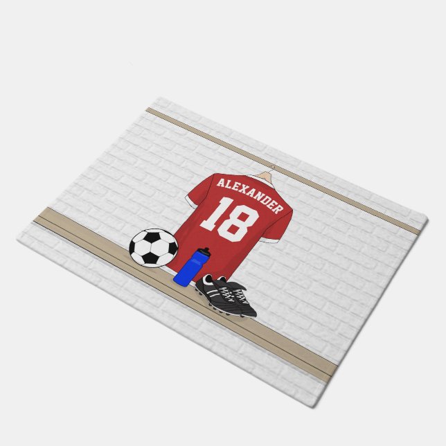 Personaliseerbaar Rood Wit Voetbalshirt Deurmat (Schuin)