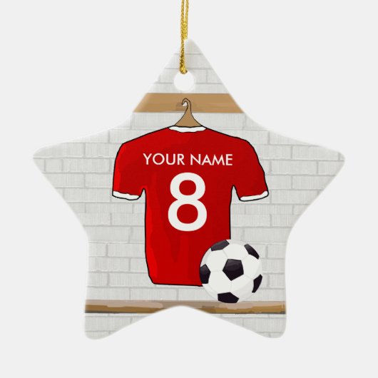 Personaliseerbaar Rood Wit Voetbalshirt Keramisch Ornament (Voorkant)