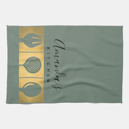 PERSONALISEERDE GOLD FAUX SPOON FORK SKIMMER CHEF THEEDOEK (Horizontaal)