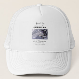Personaliseren, jongen, eerste communiqué blauw trucker pet