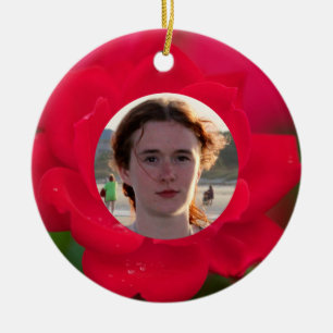 (Personaliseren) met foto's rode roze in Bloom Dew Keramisch Ornament