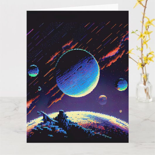 Personaliseren - Retro 8bit Blue Planet Kaart (Gele Bloem)