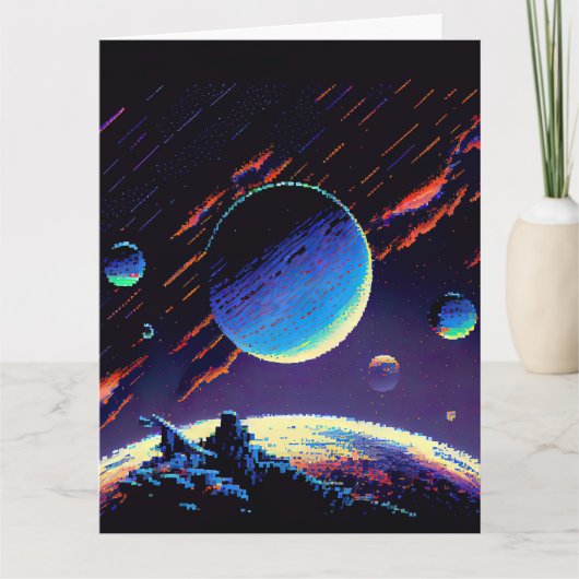 Personaliseren - Retro 8bit Blue Planet Kaart (Voorkant)