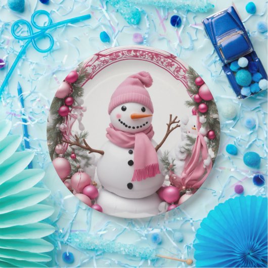 Personaliseren: Roze Kerstmis Sneeuwman Papieren Bordje (Feest)