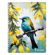 PERSONALISEREN: Vogel + gele bloemen | Notitieboek