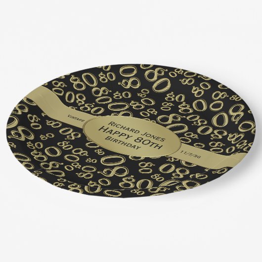Personaliseren: Zwart en Goud 80e Verjaardag Thema Papieren Bordje (Gekanteld)