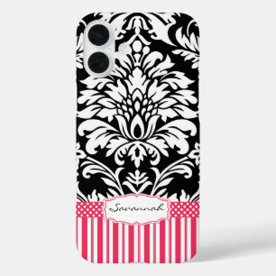 Personalisierter Vintager rosa Damast-Liebe-Vogel iPhone 16 Plus Hoesje