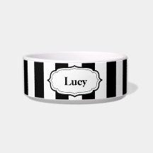 Personalize Black & White Stripe Ceramic Pet Bowl