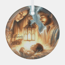 Personalize Mary & Joseph Watching Over Baby Jesus Glas Ornament
