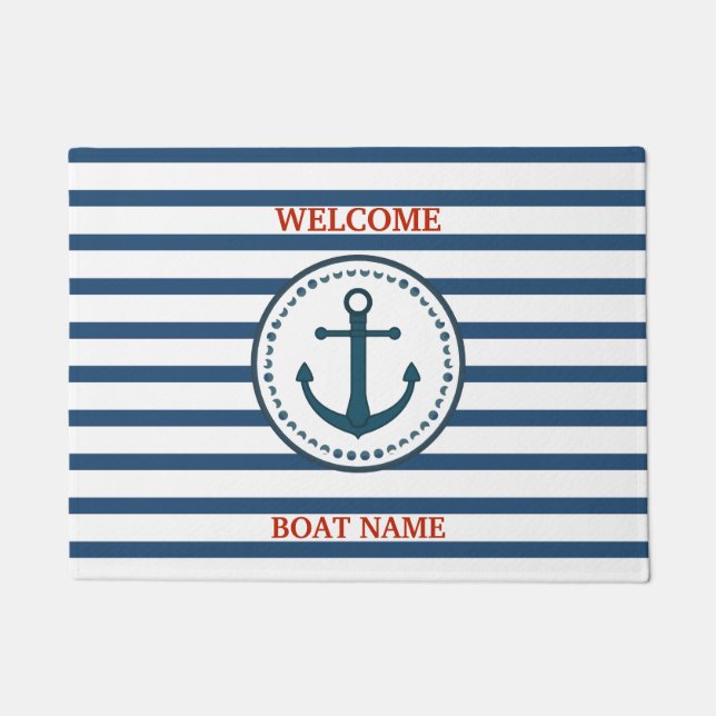 Personalize Nautical Blue Welcome Boat Name Stripe Deurmat (Voorkant)