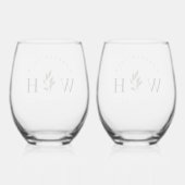 Personalize Rustic Floral Stem Wedding Monogram  Wijnglas Zonder Voet (Achterkant)
