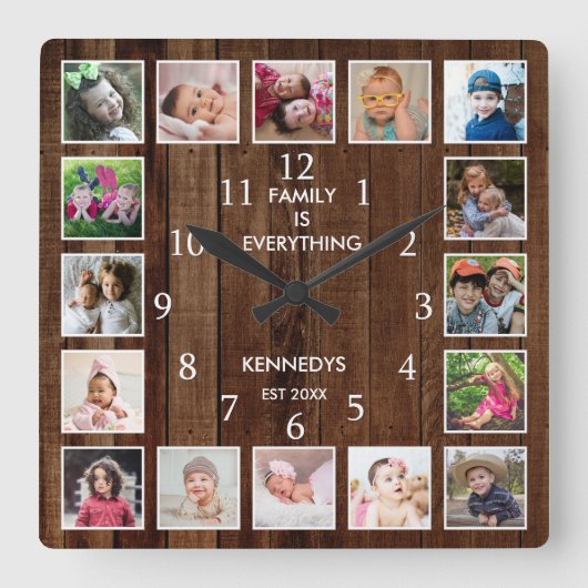 Personalized 16 Photo Collage Quote Dark Wood Vierkante Klok (Voorkant)