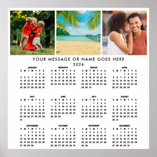 Personalized 2026 Calendar 3 Photo Collage Poster (Voorkant)