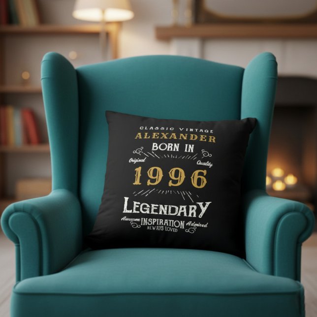 Personalized 30th Birthday Born 1996 Legend Black Kussen (Born 1996 throw pillow on a green chair.)