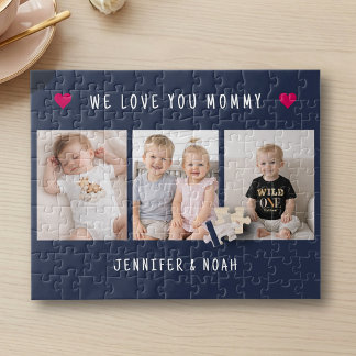 Personalized 3 Photo Mother's Day Navy Blue Hearts Legpuzzel
