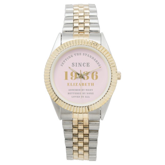 Personalized 90th Birthday Chic Pink Gold Woman's Horloge (Voorkant)