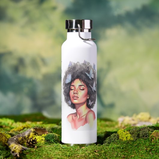 Personalized Afro Beauty Portrait Water Bottle Waterfles (Buiten (Gedraaid) )