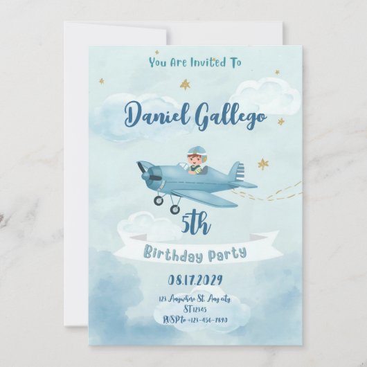 Personalized Airplane Boy Birthday Invitation Kaart (Voorkant)