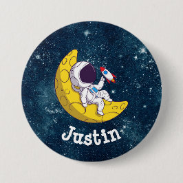Personalized Astronaut on Moon with Rocket Ronde Button 7,6 Cm