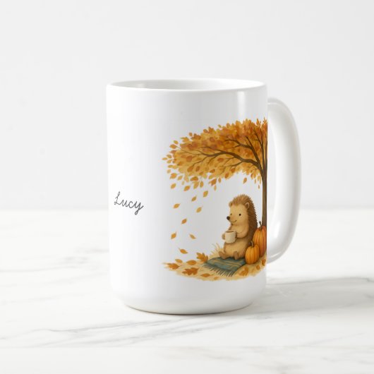 Personalized Autumn Hedgehog Under Tree Coffee Mug (Devant droit)