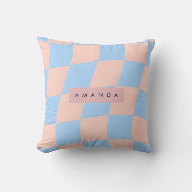 Personalized Baby Blue and Peach Wavy Checkered Kussen (Voorkant)
