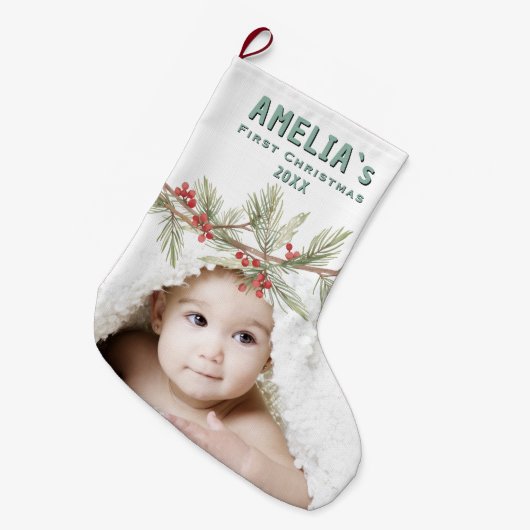 Personalized Baby First Christmas Berry Photo Grote Kerstsok (Voorkant (Hangend))